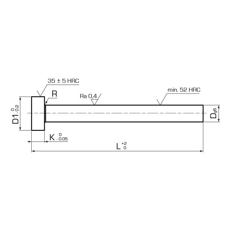 Толкатель с цилиндрической головкой из нержавеющей стали закаленный DIN 1530