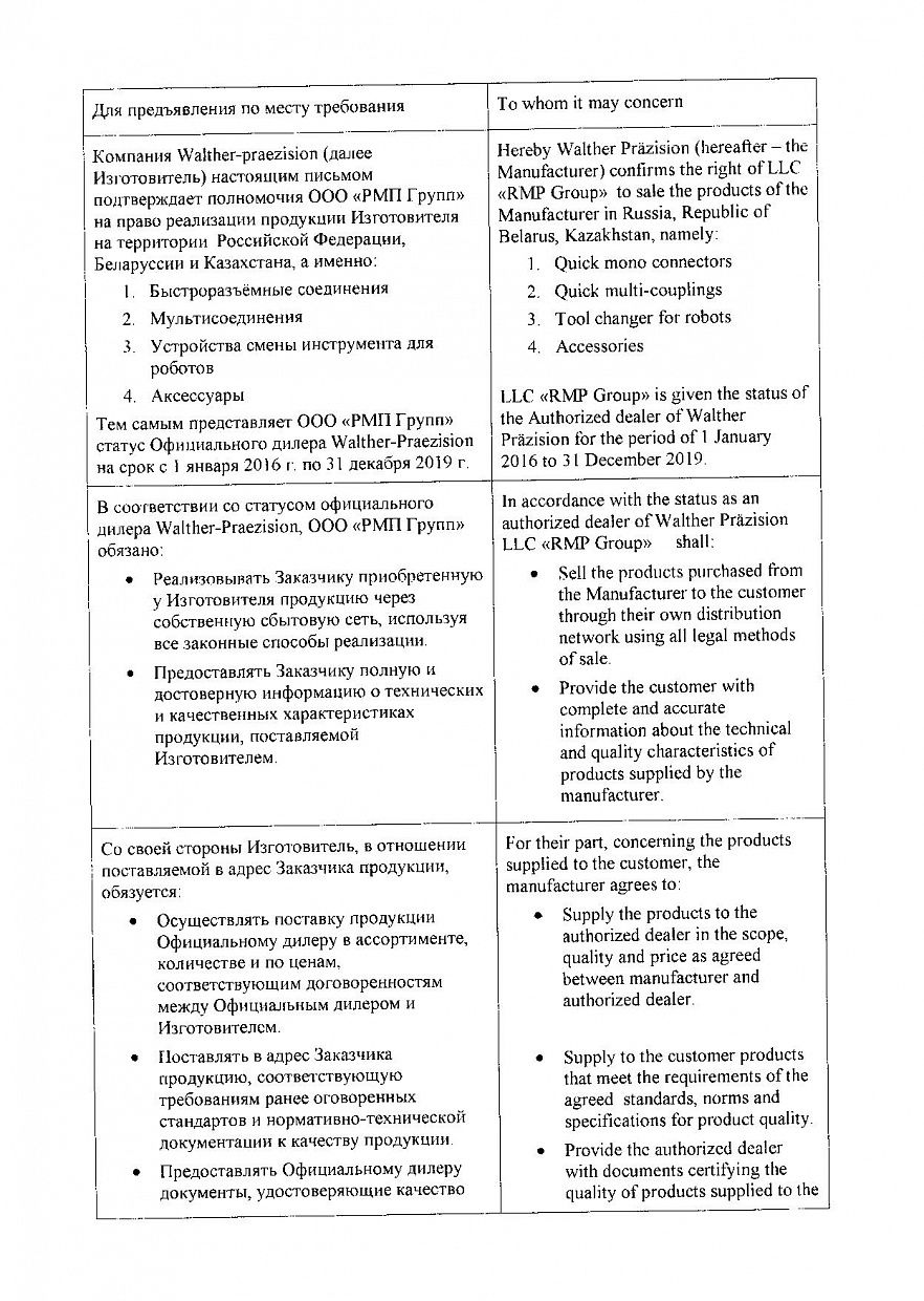 Сертификат официального дилера Walther-Pr&#228;zision